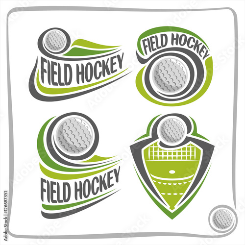 Vector abstract logo Field Hockey Ball, decoration sign sports club, simple line contour ball flying above green grass in goal, isolated sporting equipment icon, flat design field hockey school blazon