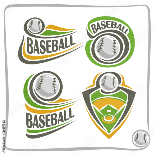 Vector abstract logo Baseball Ball, decoration sign sports club, simple line contour stitched ball flying above green field, isolated sporting equipment icon, flat design baseball game school blazon.