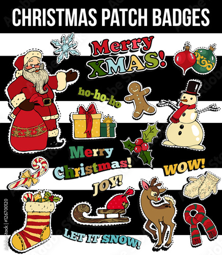 Christmas Patch Badges Sticker Label Collection for shop, seasonal sales, advertising banners, сhristmas fair, holiday parties, invitations. Vector illustration.