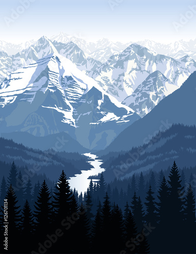 vector morning in beautiful mountains with river