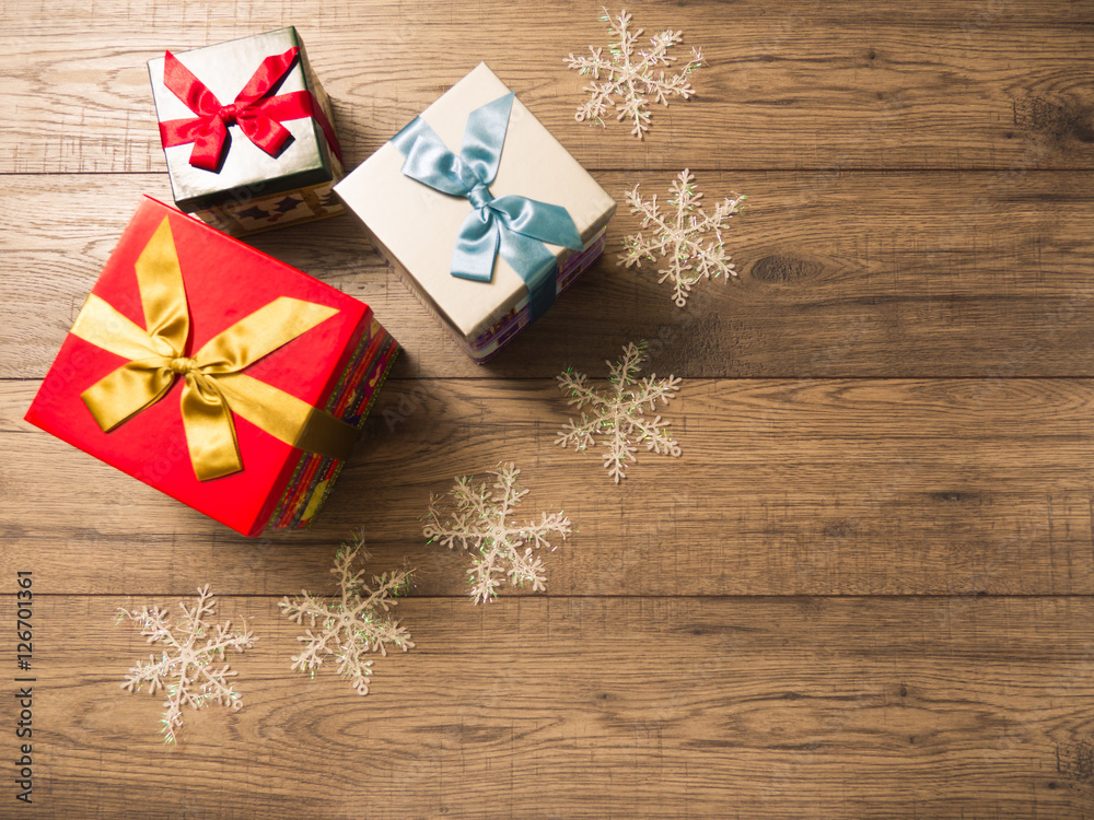 Christmas decorations on wood board background Christmas decorations on wood board background