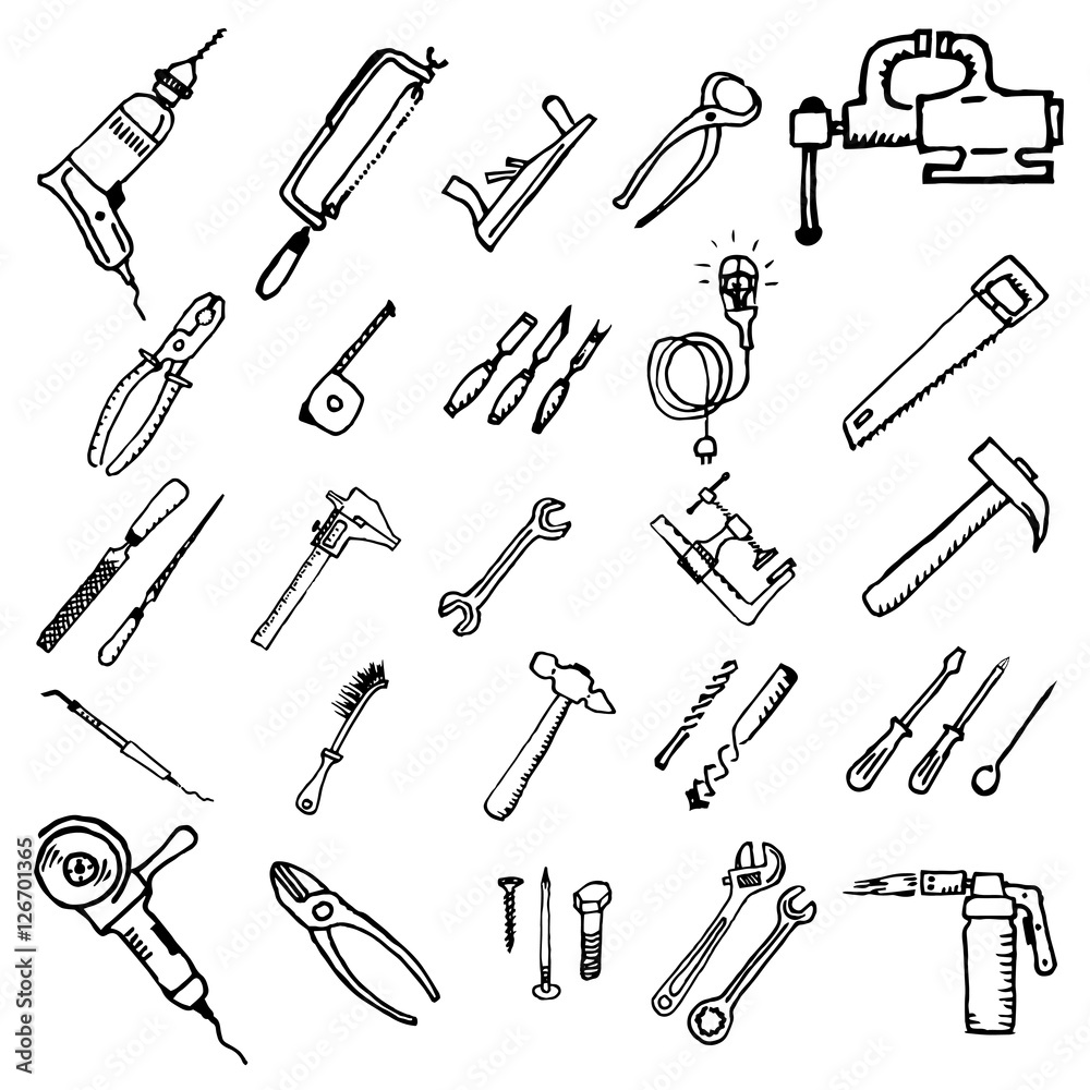 Hand tools for repair. Do it yourself. The background drawn manually.