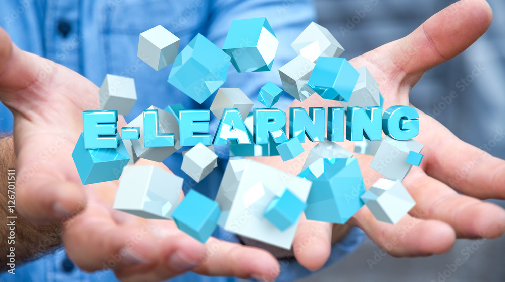Man holding floating 3D render e-learning presentation with cube Man holding floating 3D render e-learning presentation with cube