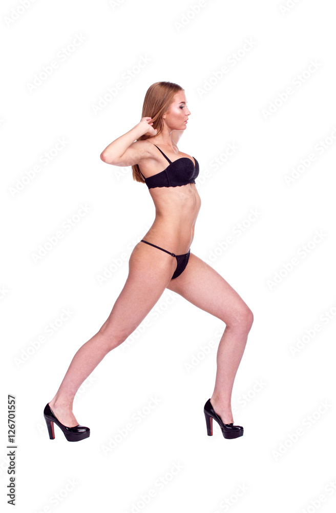 Woman Walking Side View, Sexy Girl in black Underwear