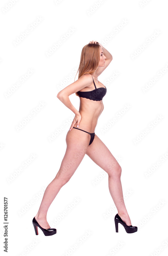 Woman Walking Side View, Sexy Girl in black Underwear Woman Walking Side View, Sexy Girl in black Underwear