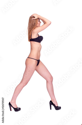 Woman Walking Side View, Sexy Girl in black Underwear