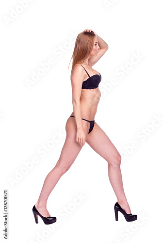Woman Walking Side View, Sexy Girl in black Underwear
