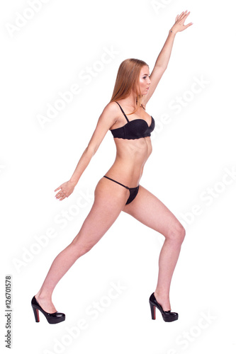 Woman Walking Side View, Sexy Girl in black Underwear © PaulShlykov