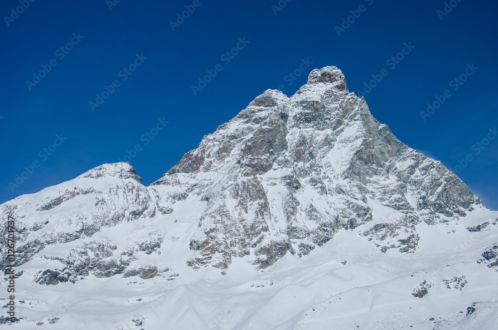 Beautiful view of the snow-covered mountain Matterhorn from Italy side