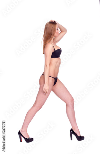 Woman Walking Side View, Sexy Girl in black Underwear