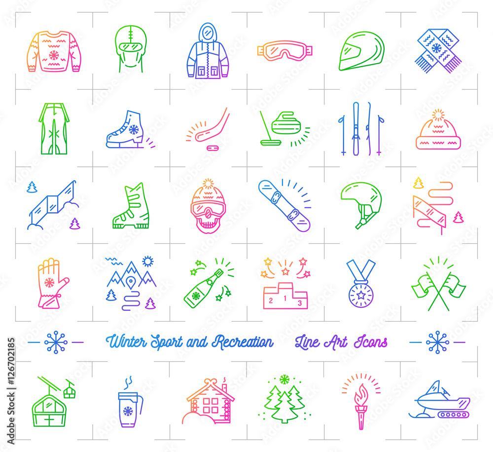 Winter sport gradient outline icons. Winter recreation and fun, ski, snowboard, snowboarding, ice skating, clothes, winter landscape outline symbols. Minimal design, Vector web icons
