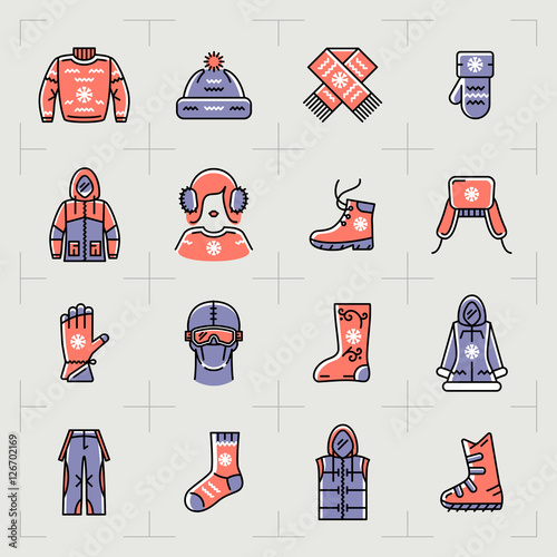 Trendy winter clothes isolated line icons set. Outline sportswear icons, sport, snowboarding. Retro color palette, thin line art fashion winter clothing symbols. Vector illustration