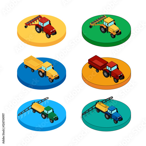 vector illustration. Set of agricultural icons. A tractor with a plow and a trailer. Tractor sprinkles planting insecticides.  Isometric, 3D