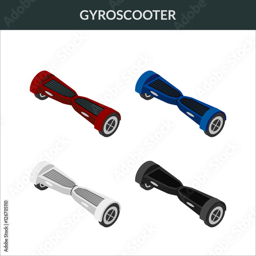 Vector illustration. Set of colorful isometric icons electric, two-wheeled, environmentally friendly balancing scooter, gyroscooter. 3D