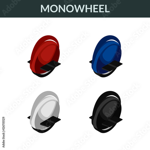 Vector illustration. Set of colorful isometric icons electric unicycle, balancing scooter, monowheel. 3D