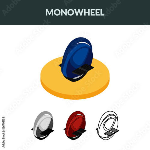 Vector illustration. Set of isometric icons electric unicycle, balancing scooter, monowheel. Colorful, contour, outline. 3D