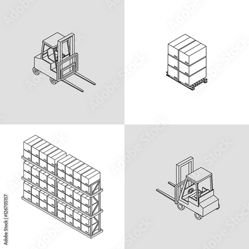 Vector illustration. Set of icons isometric forklift and pallets with boxes. contour, outline. 3d.