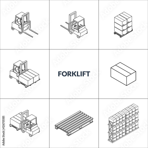 Vector illustration. Set of icons isometric forklift and pallets with boxes. contour, outline. 3d.