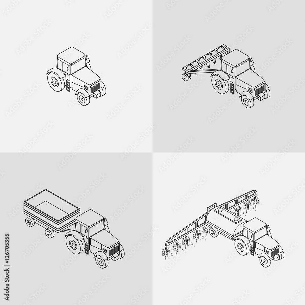 Naklejka premium vector illustration. set of agricultural contour outline icons. Farm tractor with plow, trailer, sprayed with insecticides. 3D, isometric