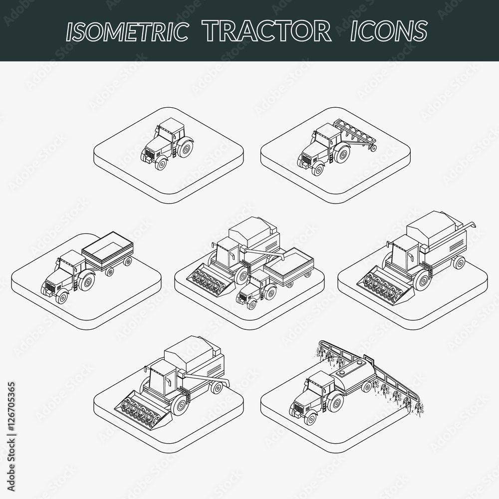 Fototapeta premium vector illustration. Set of outline agricultural icons. Farm tractor with a plow and a trailer. Tractor sprinkles planting insecticides. The harvester harvests. Isometric, 3D