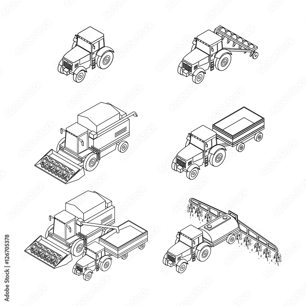 Fototapeta premium vector illustration. Set of outline agricultural icons. Farm tractor with a plow and a trailer. Tractor sprinkles planting insecticides. The harvester harvests. Isometric, 3D