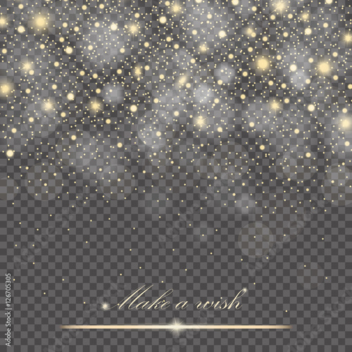 Vector gold glitter particles background effect for luxury greeting rich card. Sparkling texture. Star dust sparks in explosion on grey transparent background. Vector illustration