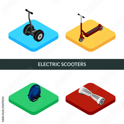Vector illustration. Set of icons of electric scooters. Scooter, gyroscooter, monowheel. Isometric, 3D.