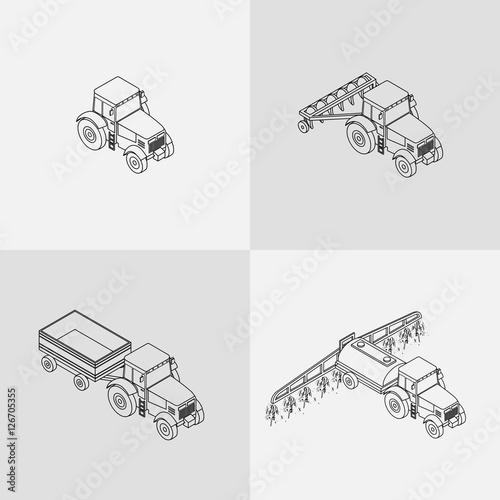 vector illustration. set of agricultural contour outline icons. Farm tractor with plow, trailer, sprayed with insecticides. 3D, isometric