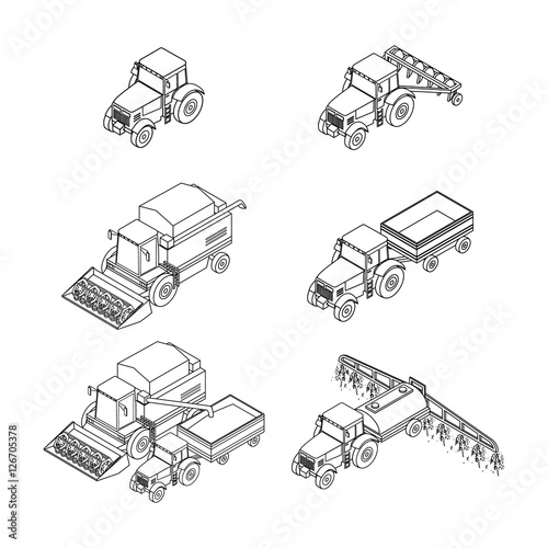 vector illustration. Set of outline agricultural icons. Farm tractor with a plow and a trailer. Tractor sprinkles planting insecticides. The harvester harvests. Isometric, 3D