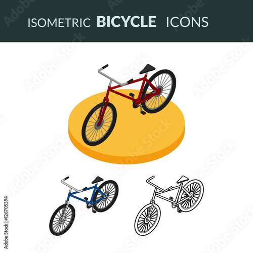 Vector illustration. Set of isometric icons of the bicycle. Colorful, contour and ourline. 3D