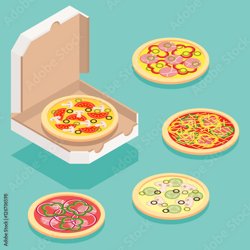 Isometric illustration of different pizza types for order and delivery service.