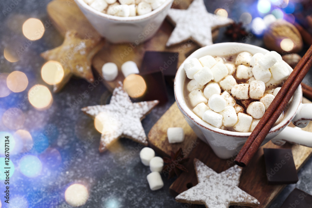 Hot chocolate with marshmallows and cinnamon. Hot chocolate with marshmallows and cinnamon.
