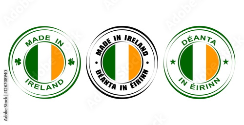 Round label "Made in Ireland" with flag and shamrock