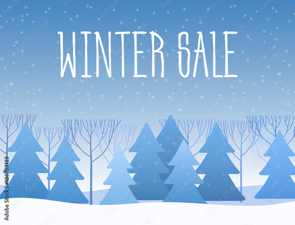 Winter sale words on the beautiful Chrismas flat Winter holidays landscape background with trees, snowflakes, falling snow.
