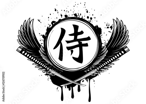 hieroglyph samurai, wings and crossed samurai swords