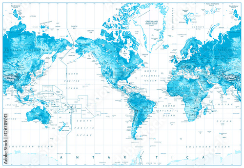 Fototapeta Naklejka Na Ścianę i Meble -  Physical World Map-America Centered