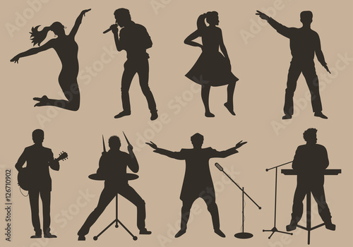 Set of brown silhouettes of musicians, singers and dancers on beige background. Vector illustration