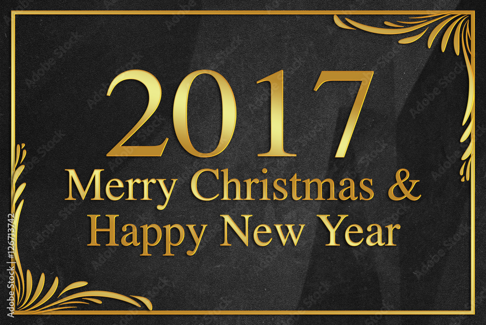 Fototapeta premium Merry Christmas and Happy New Year 2017 gold word on black wrink
