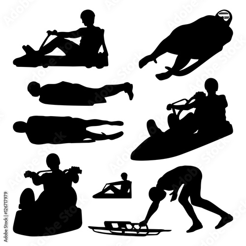 Ice Luge Sled Driver Race Illustration Vector Silhouette Set
