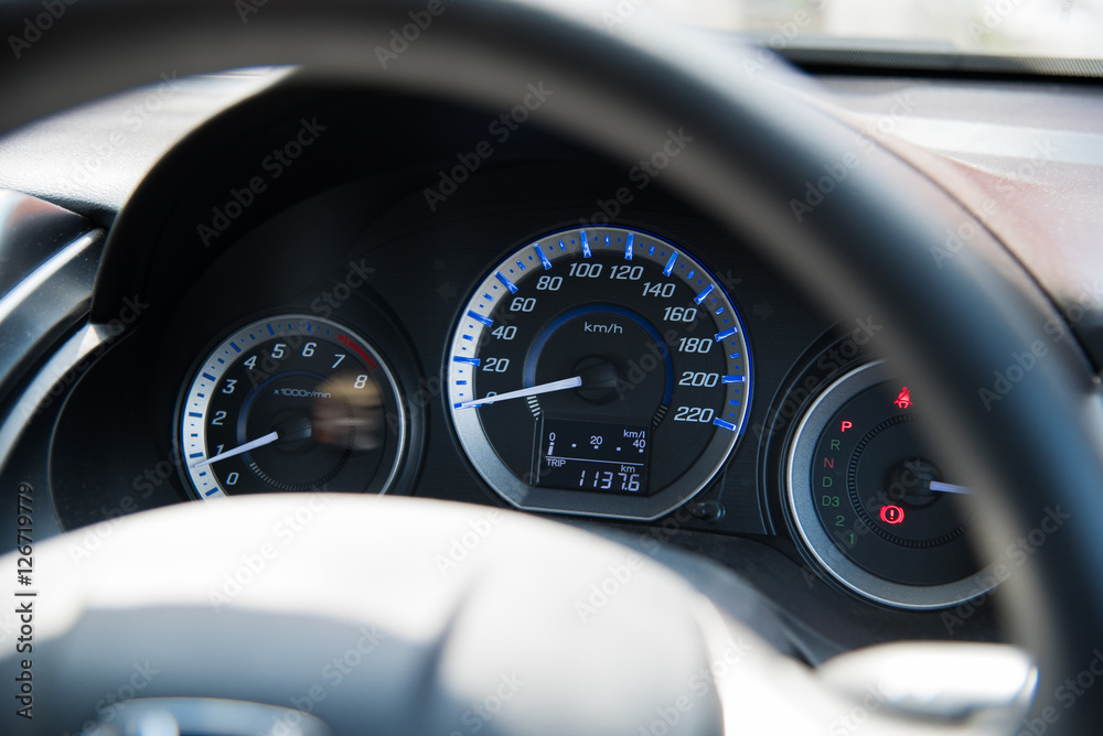 Auto Parts, Car instrument panel dashboard automobile control illuminated  panel speed display, close up and shallow depth of field Stock Photo