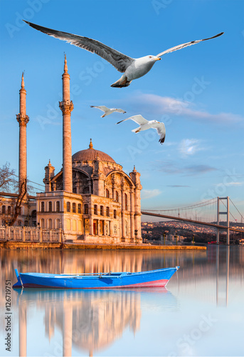 Photography Ortakoy mosque and Bosphorus bridge, Istanbul, Turkey