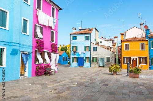 Picturesque square with its colorful houses on the island of Burano (Venice, Italy)