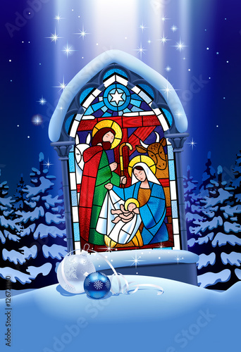 Christmas stained glass window in winter forest