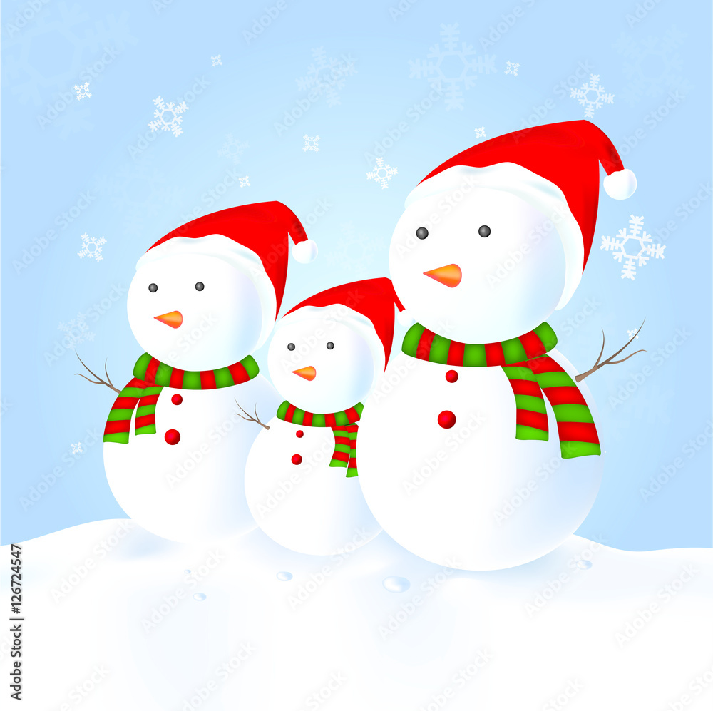 Snowman family with hat, scarf, snow