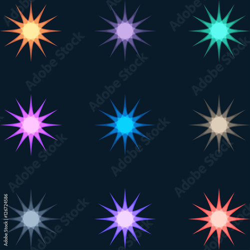 9 colored snowflakes. Sets stars. Dark background.