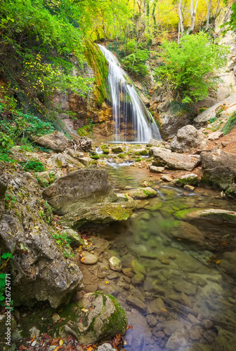 Beautiful mountain landscape with waterfall Djur-Djur in Crimea