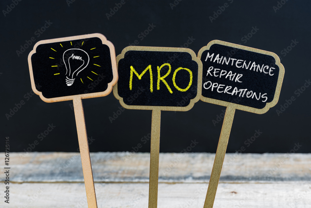 Concept message MRO as Maintenance Repair Operations and light bulb as symbol for idea - obrazy, fototapety, plakaty 