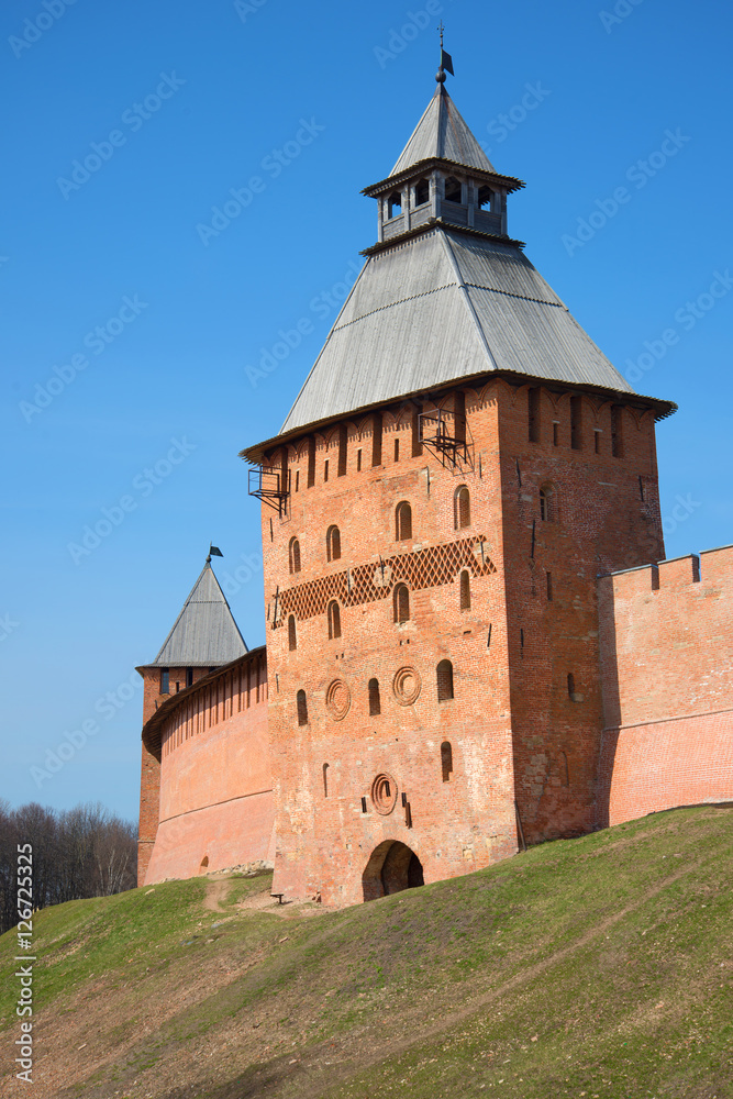 Spasskaya Tower of the Novgorod detinets close up in the sunny April afternoon. Veliky Novgorod, Russia