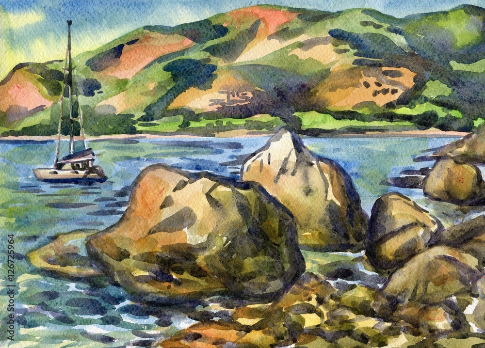 Sailboat in the sea with mountains in background. Painting. Watercolor