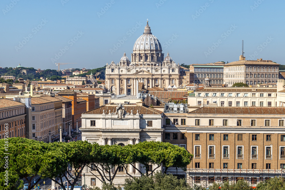 View of the dome and facade of the church of St. Peter in Rome